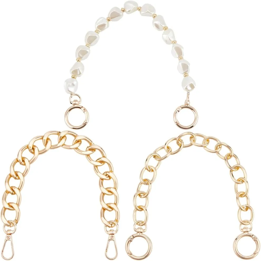 Beebeecraft 3Pcs 3 Styles Twist Chain Bag Straps Aluminum Purse Handle Extender Bag Chains with Plastic Imitation Pearl Beaded Bag Straps for DIY Wallet Crossbody Bag Crafts Making