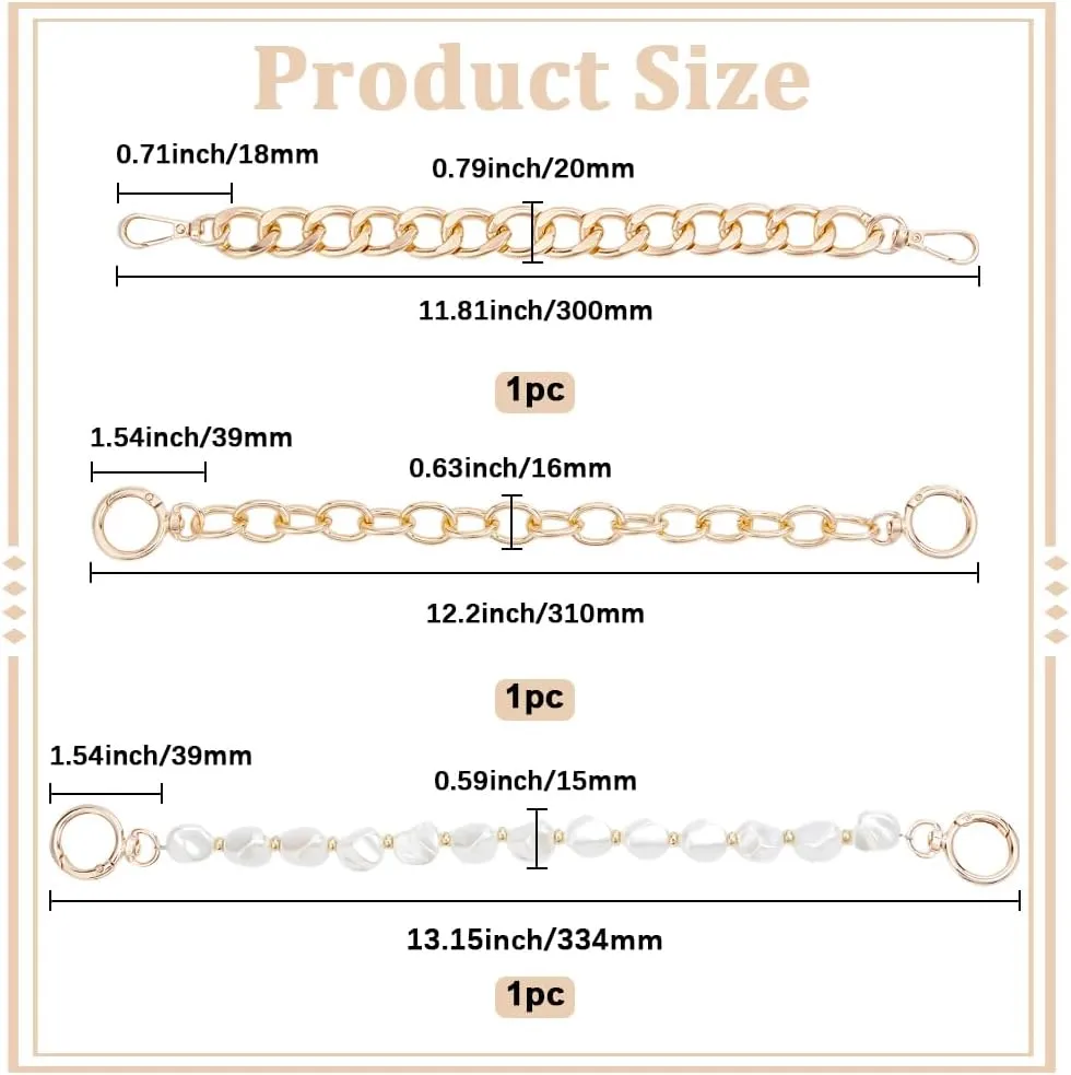 Beebeecraft 3Pcs 3 Styles Twist Chain Bag Straps Aluminum Purse Handle Extender Bag Chains with Plastic Imitation Pearl Beaded Bag Straps for DIY Wallet Crossbody Bag Crafts Making