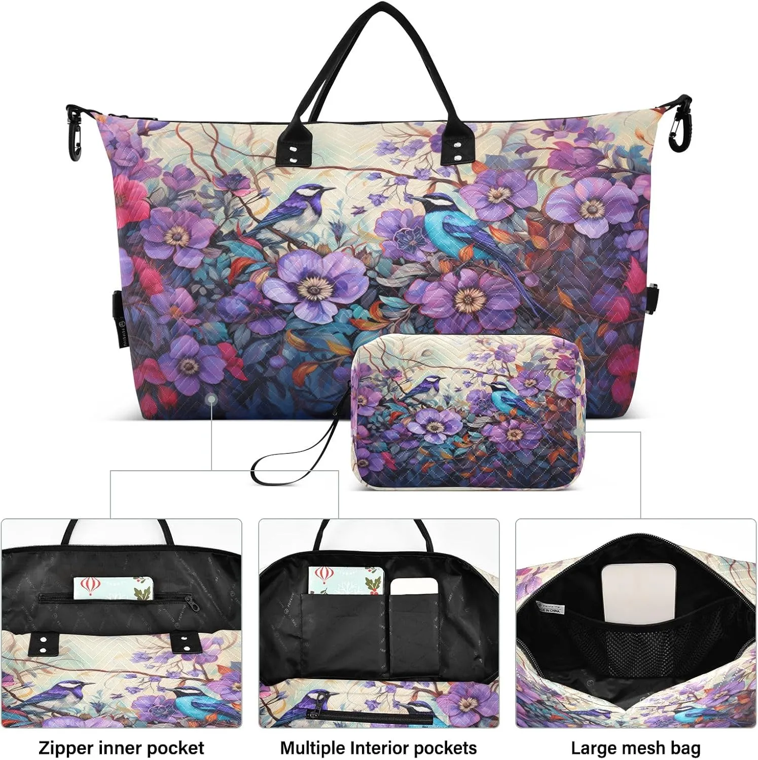 Birds under The Purple Flower Travel Duffle Bag Gym Yoga Carry on Bags for Men Women Weekender Bag