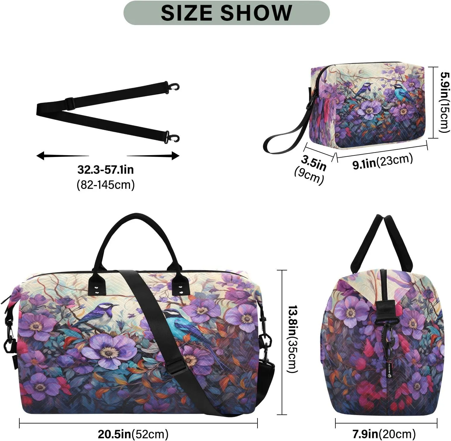 Birds under The Purple Flower Travel Duffle Bag Gym Yoga Carry on Bags for Men Women Weekender Bag