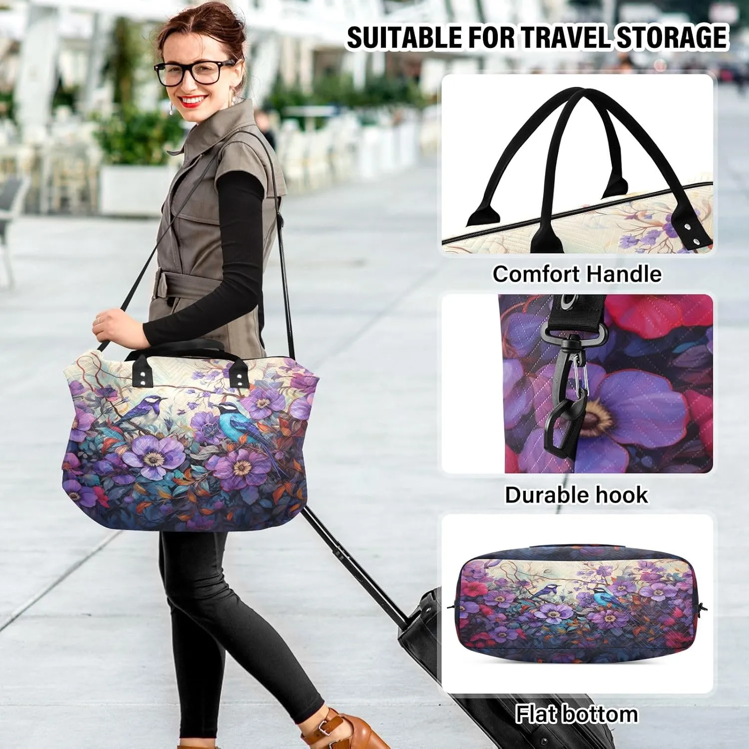 Birds under The Purple Flower Travel Duffle Bag Gym Yoga Carry on Bags for Men Women Weekender Bag