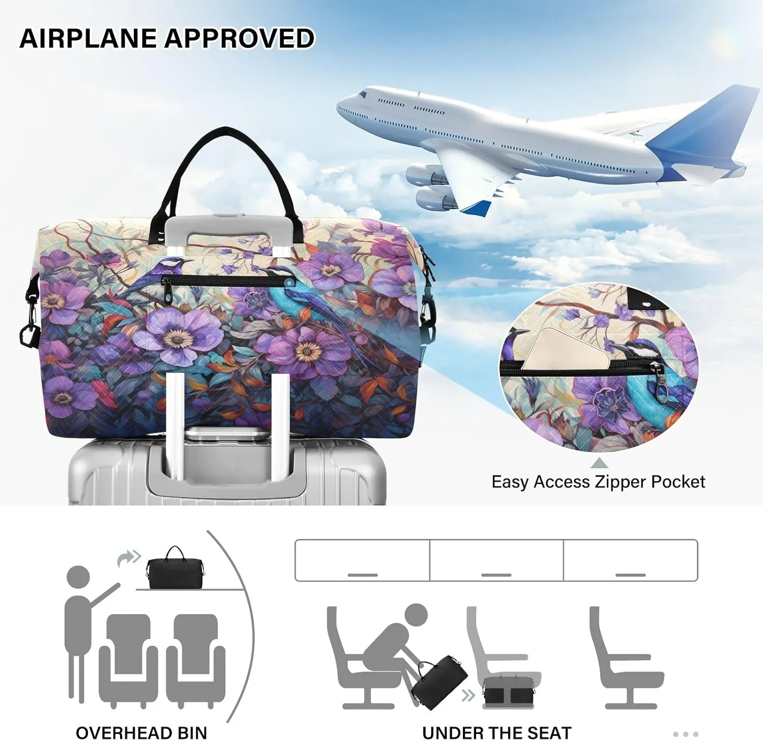 Birds under The Purple Flower Travel Duffle Bag Gym Yoga Carry on Bags for Men Women Weekender Bag