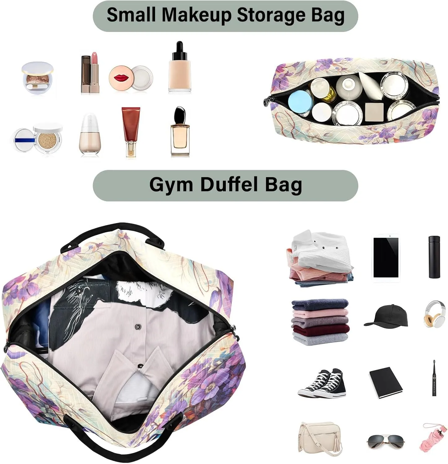 Birds under The Purple Flower Travel Duffle Bag Gym Yoga Carry on Bags for Men Women Weekender Bag