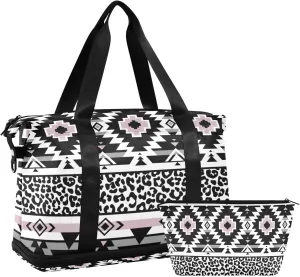 Black Aztec with Pink Versatile Sports Travel Bag - Lasting Twill Tote, Removable Wheel & Rod Bagging, Multi-pocket Design, Complimentary Makeup Bag