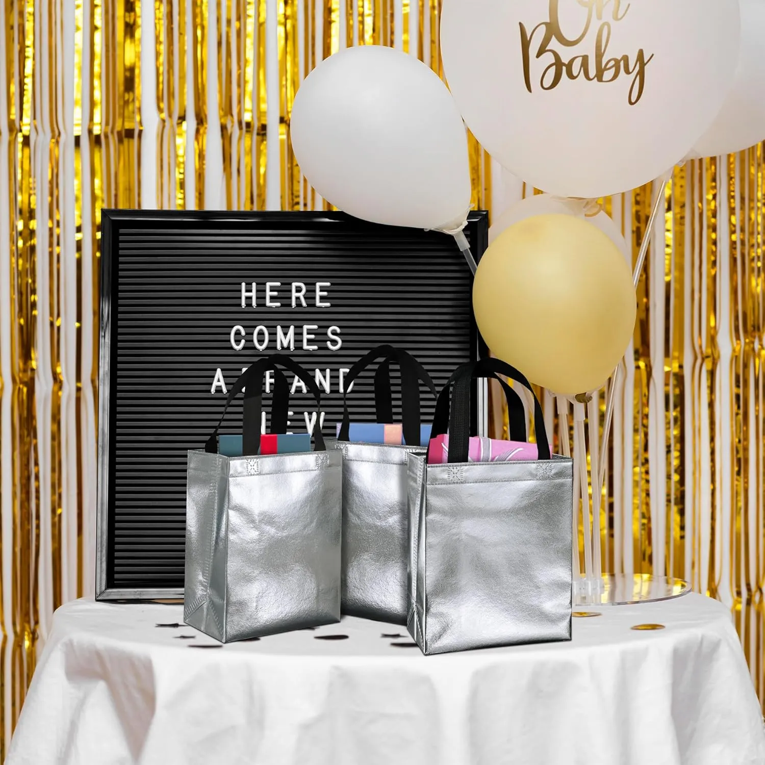 BLEWINDZ 100Pcs Reusable Gift Bags Medium Size – 10.2" Silver Tote Bags with Handles - Ideal as Party Favor Bag, Shopping Bag