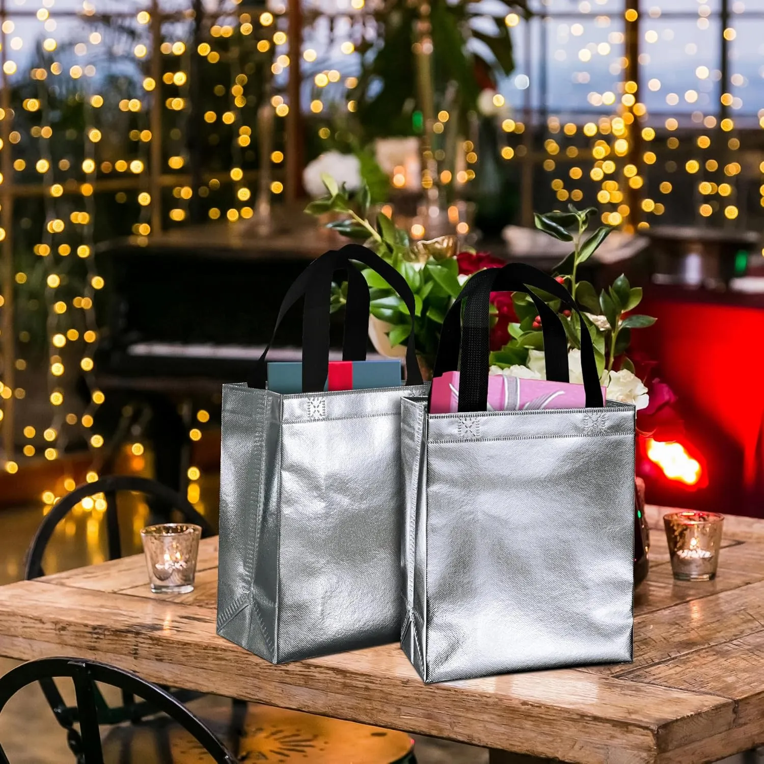 BLEWINDZ 100Pcs Reusable Gift Bags Medium Size – 10.2" Silver Tote Bags with Handles - Ideal as Party Favor Bag, Shopping Bag