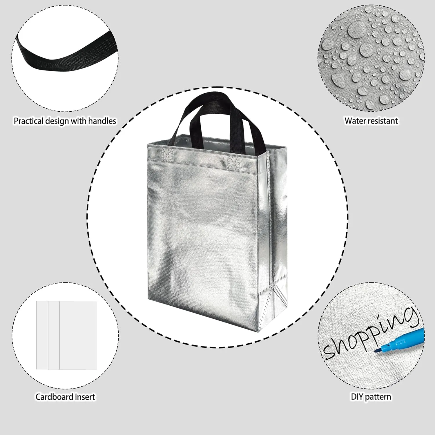 BLEWINDZ 100Pcs Reusable Gift Bags Medium Size – 10.2" Silver Tote Bags with Handles - Ideal as Party Favor Bag, Shopping Bag