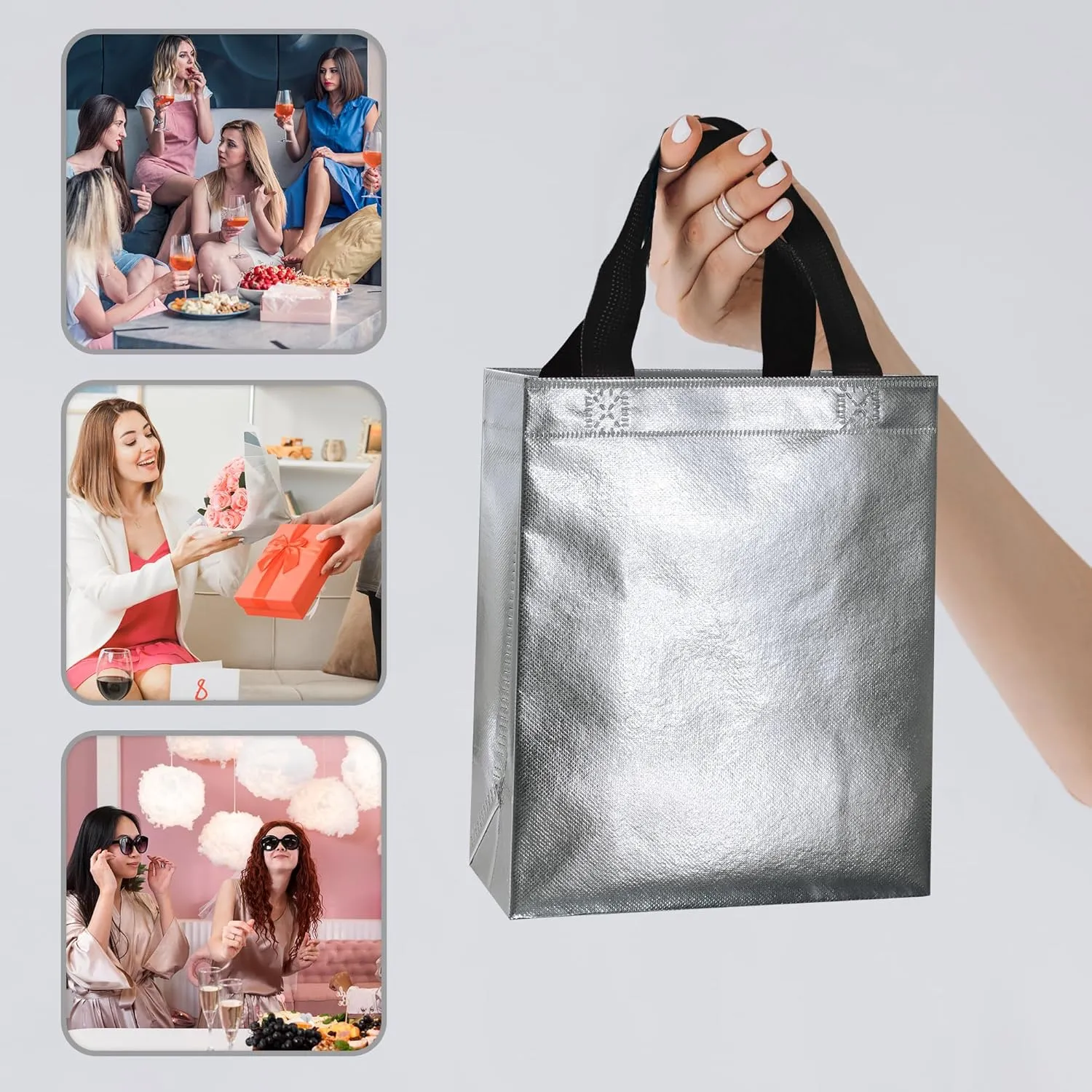 BLEWINDZ 100Pcs Reusable Gift Bags Medium Size – 10.2" Silver Tote Bags with Handles - Ideal as Party Favor Bag, Shopping Bag
