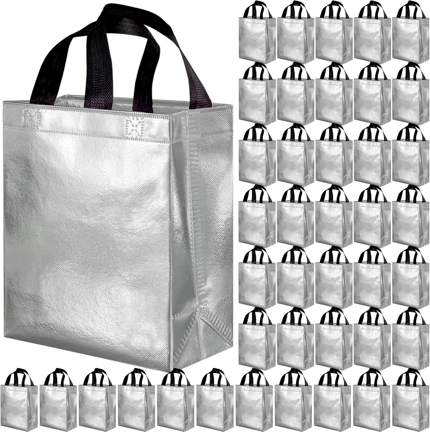 BLEWINDZ 100Pcs Reusable Gift Bags Medium Size – 10.2" Silver Tote Bags with Handles - Ideal as Party Favor Bag, Shopping Bag