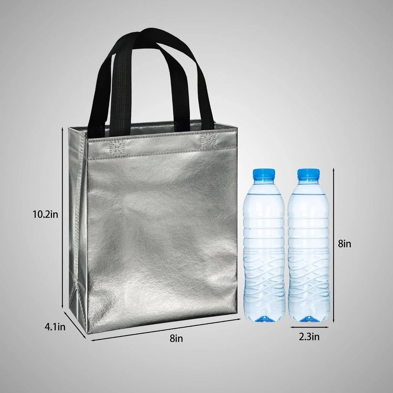 BLEWINDZ 100Pcs Reusable Gift Bags Medium Size – 10.2" Silver Tote Bags with Handles - Ideal as Party Favor Bag, Shopping Bag