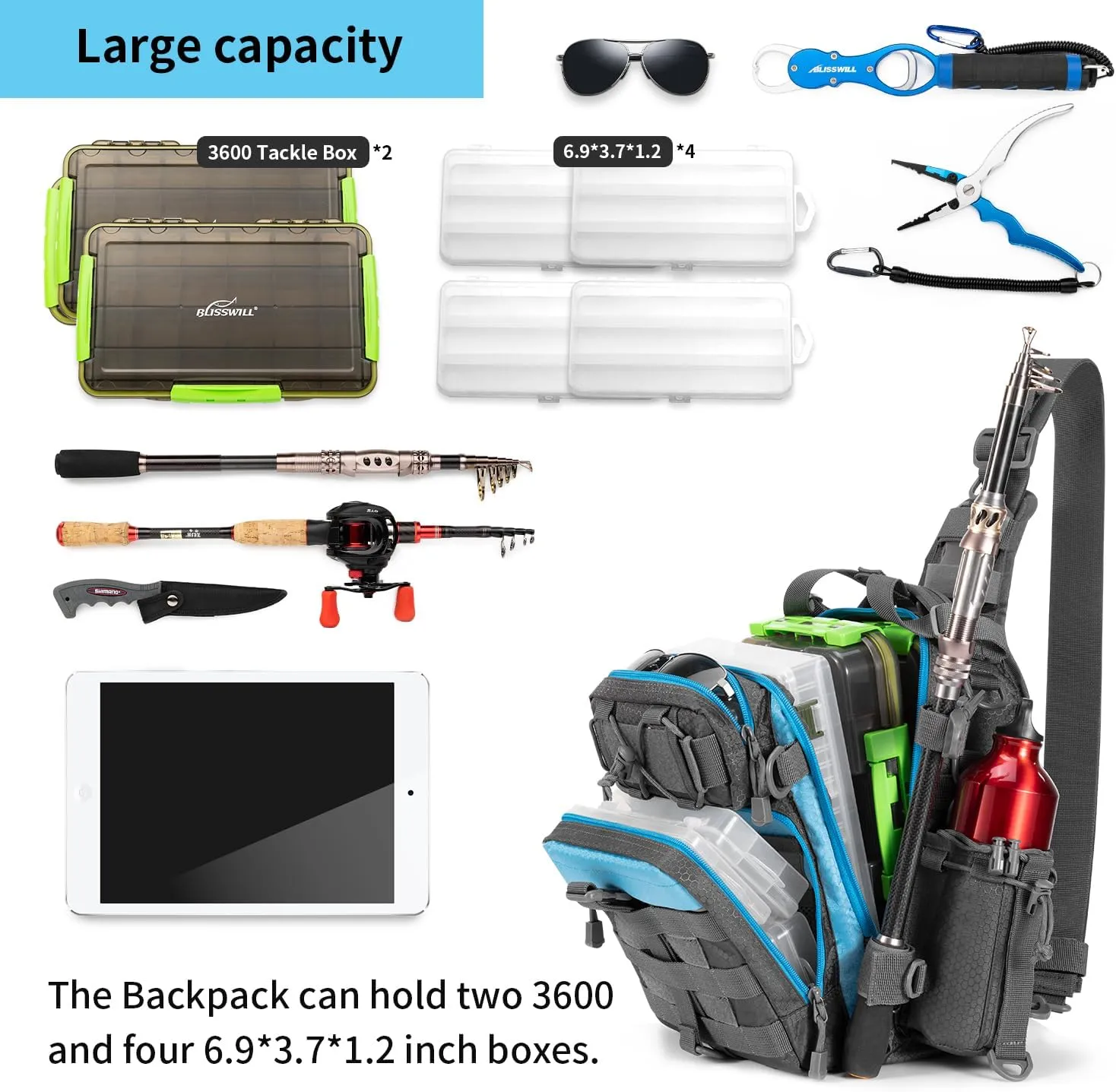 BLISSWILL Outdoor Tackle Bag - Large Water-Resistant Fishing Backpack
