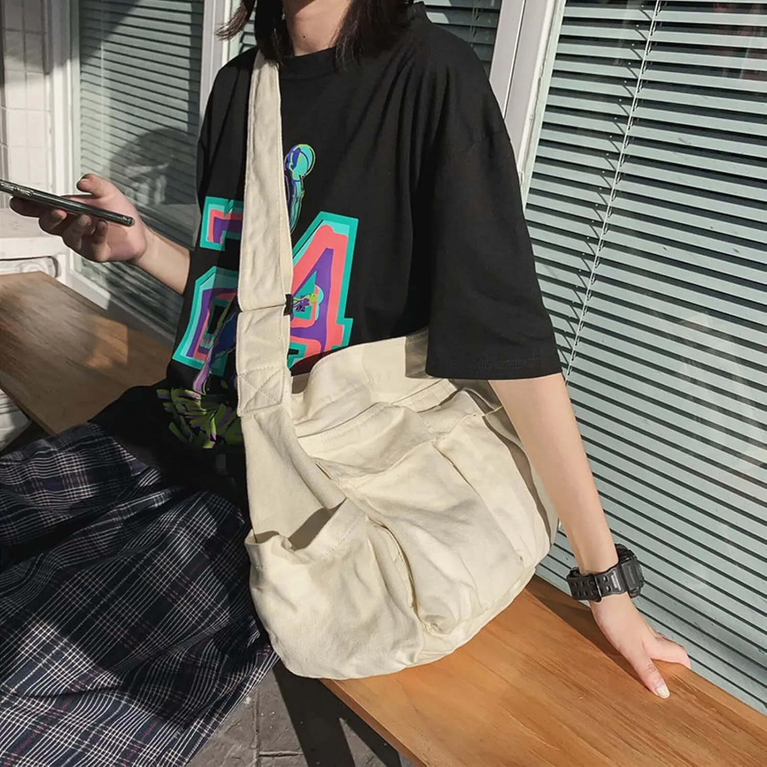Blostirno Canvas Messenger Bag Large Hobo Crossbody Bag with Multiple Pockets Shoulder Tote Bags for Women and Men