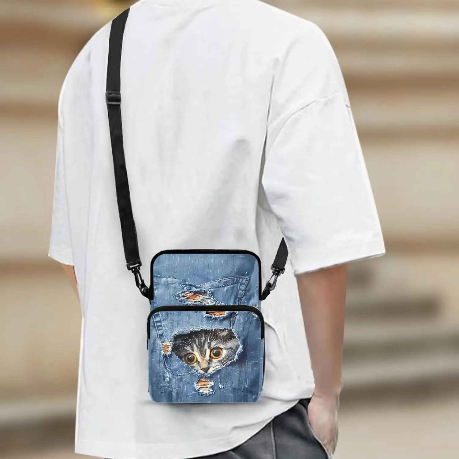 Blue Cowboy Pocket Cat Pattern Cross Body Bag for Women Men, Small Shoulder Bag Travel Passport Phone Case Purses Wallet Bag with Adjustable Strap