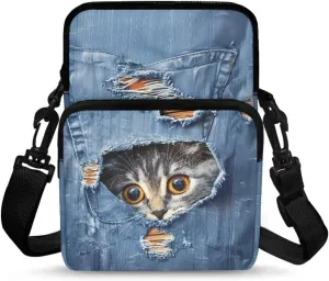 Blue Cowboy Pocket Cat Pattern Cross Body Bag for Women Men, Small Shoulder Bag Travel Passport Phone Case Purses Wallet Bag with Adjustable Strap