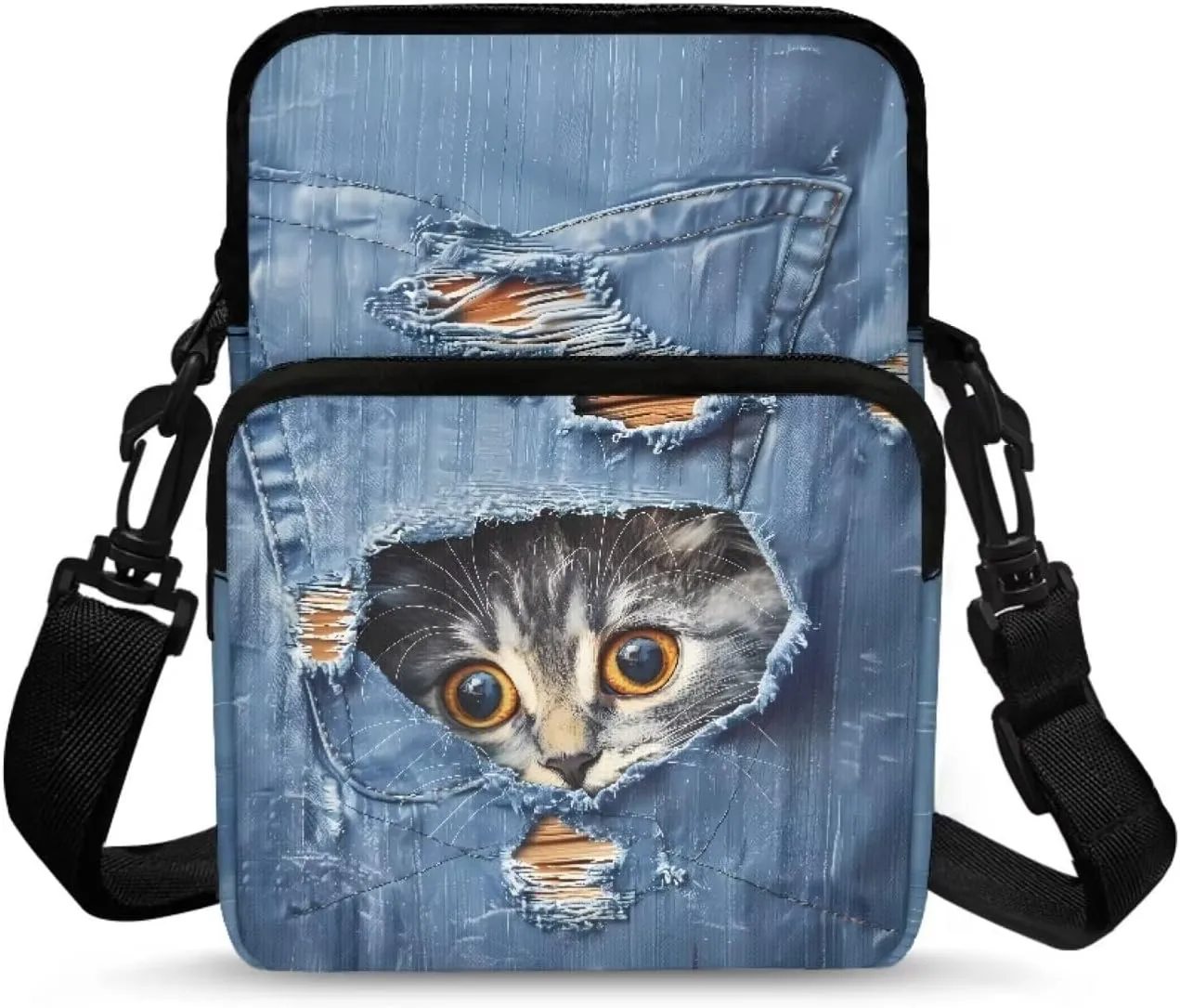 Blue Cowboy Pocket Cat Pattern Cross Body Bag for Women Men, Small Shoulder Bag Travel Passport Phone Case Purses Wallet Bag with Adjustable Strap