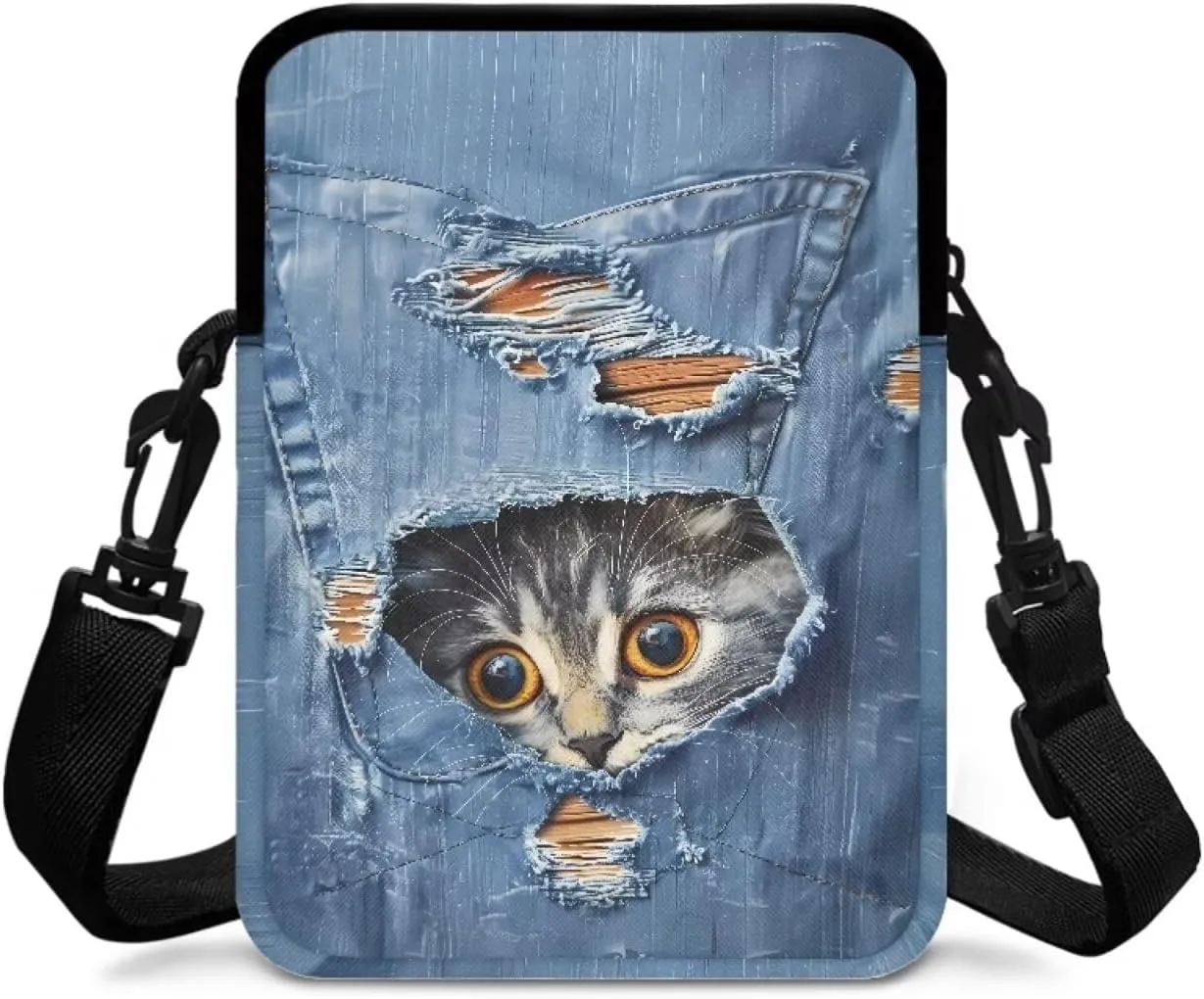Blue Cowboy Pocket Cat Pattern Cross Body Bag for Women Men, Small Shoulder Bag Travel Passport Phone Case Purses Wallet Bag with Adjustable Strap