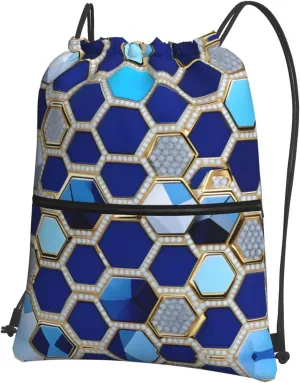 Blue Hexagons and Diamond Drawstring Backpack - Full Print Gym Sackpack for Sports, Yoga, Dance, Travel, and Hiking