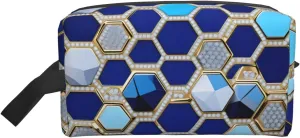Blue Hexagons and Diamond Print Travel Essentials Storage Bag Cosmetic Organizer Pouch Large Capacity Zippered