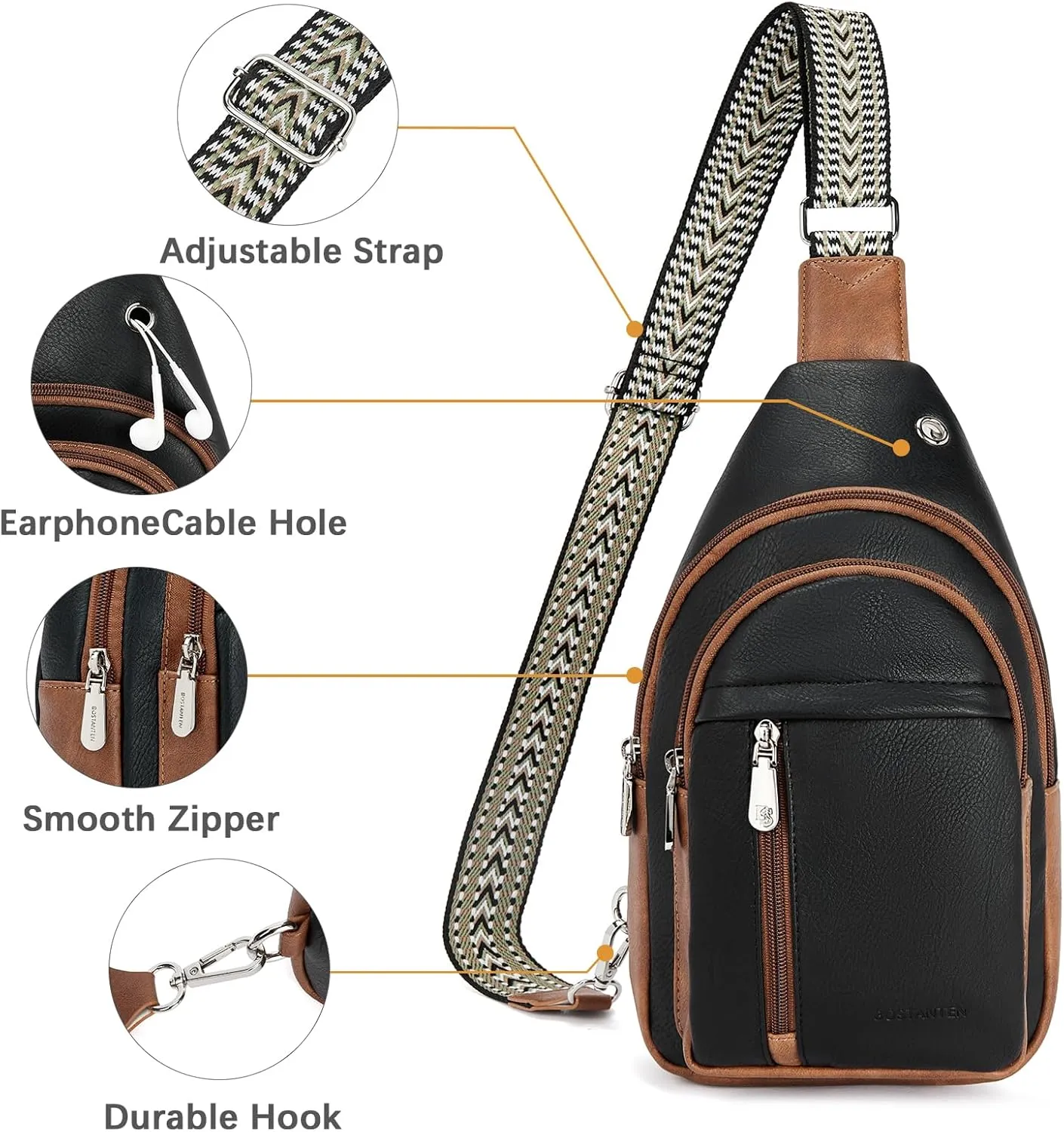 BOSTANTEN Sling Bag Cross Body Bag Trendy Leather Crossbody Purse Chest Bag with Adjustable Guitar Strap for Travel