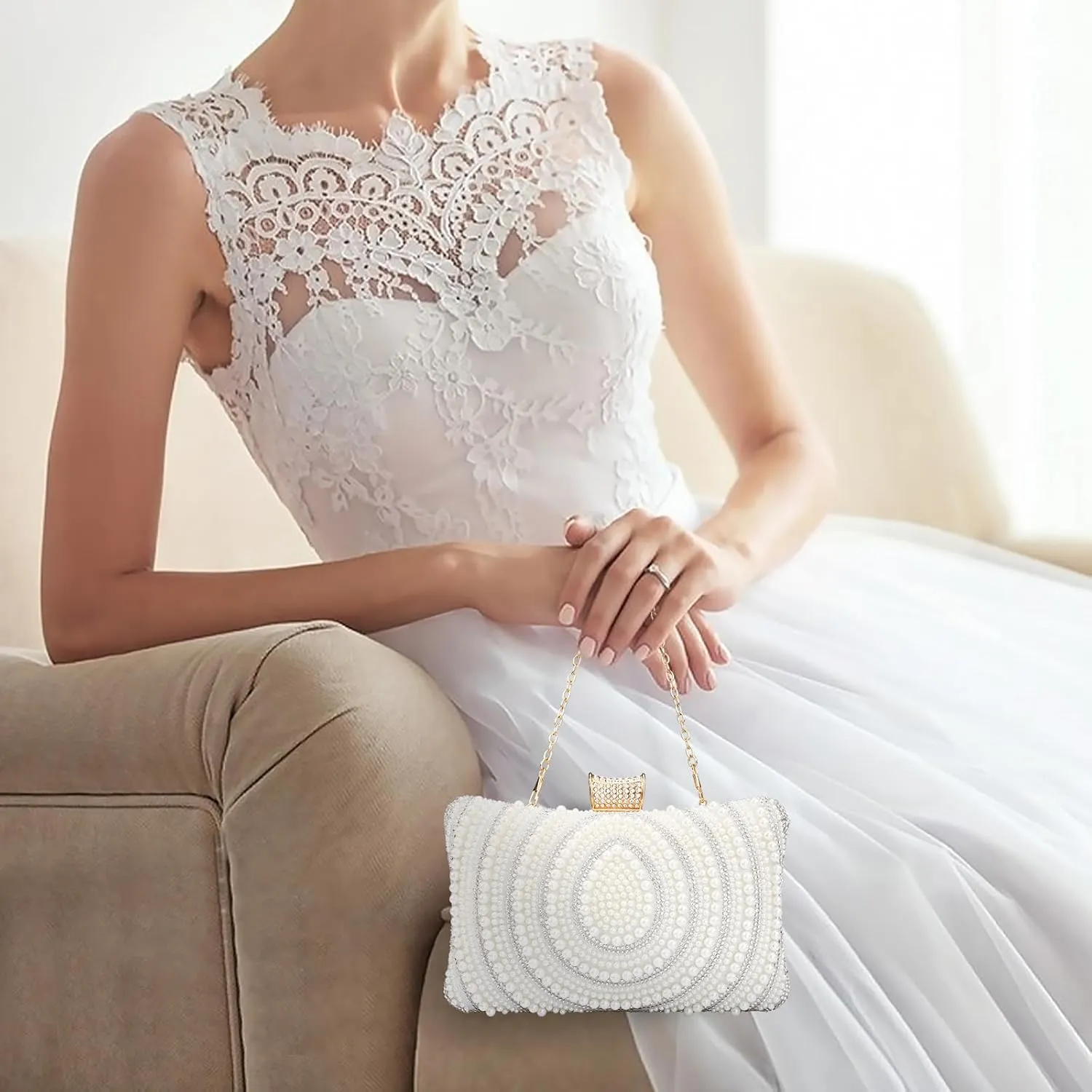 Bridal Wedding Evening Handbags Pearl Beaded Purses for Women Luxury Clutch Bag with Chain