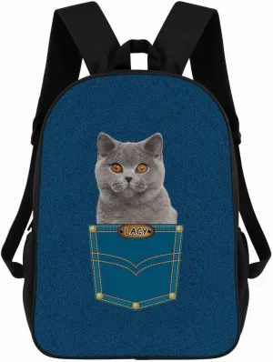 British Shorthair Backpack Bookbag Custom Blue Jeans Print Daypack Laptop Bag for Work Travel Hiking 17 Inch Lightweight