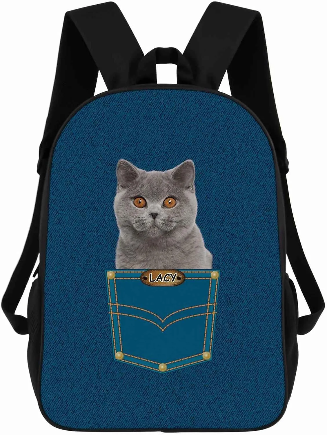 British Shorthair Backpack Bookbag Custom Blue Jeans Print Daypack Laptop Bag for Work Travel Hiking 17 Inch Lightweight