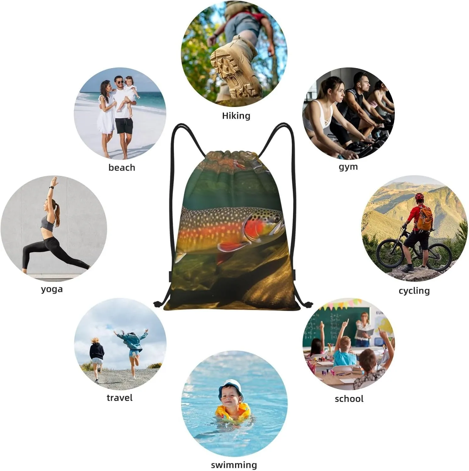 Brook Trout Fly Fishing Drawstring Backpack Lightweight Draw String Bag Cinch Bags Waterproof Gym Bag for Men Women Swim Bag Small