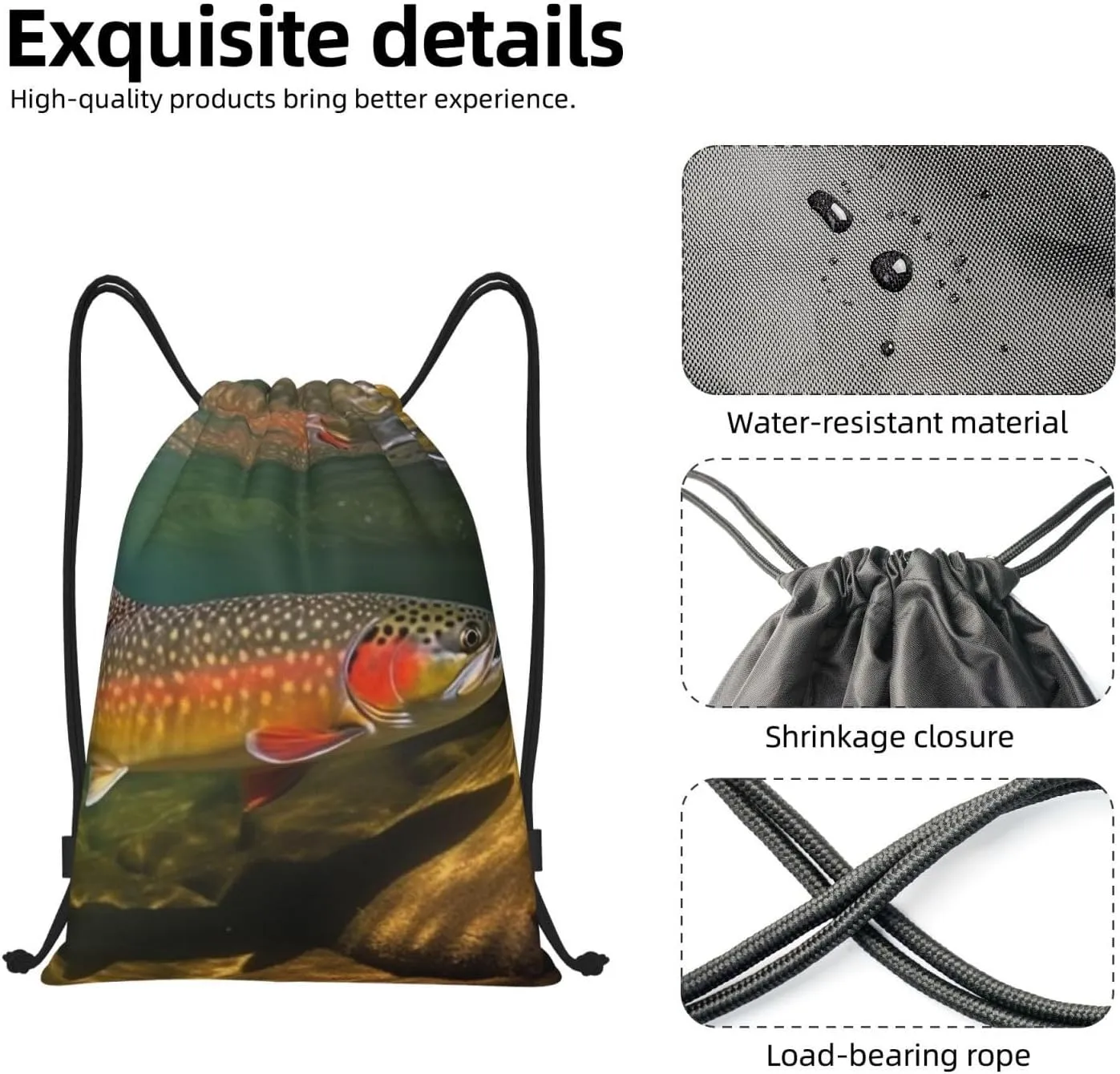 Brook Trout Fly Fishing Drawstring Backpack Lightweight Draw String Bag Cinch Bags Waterproof Gym Bag for Men Women Swim Bag Small