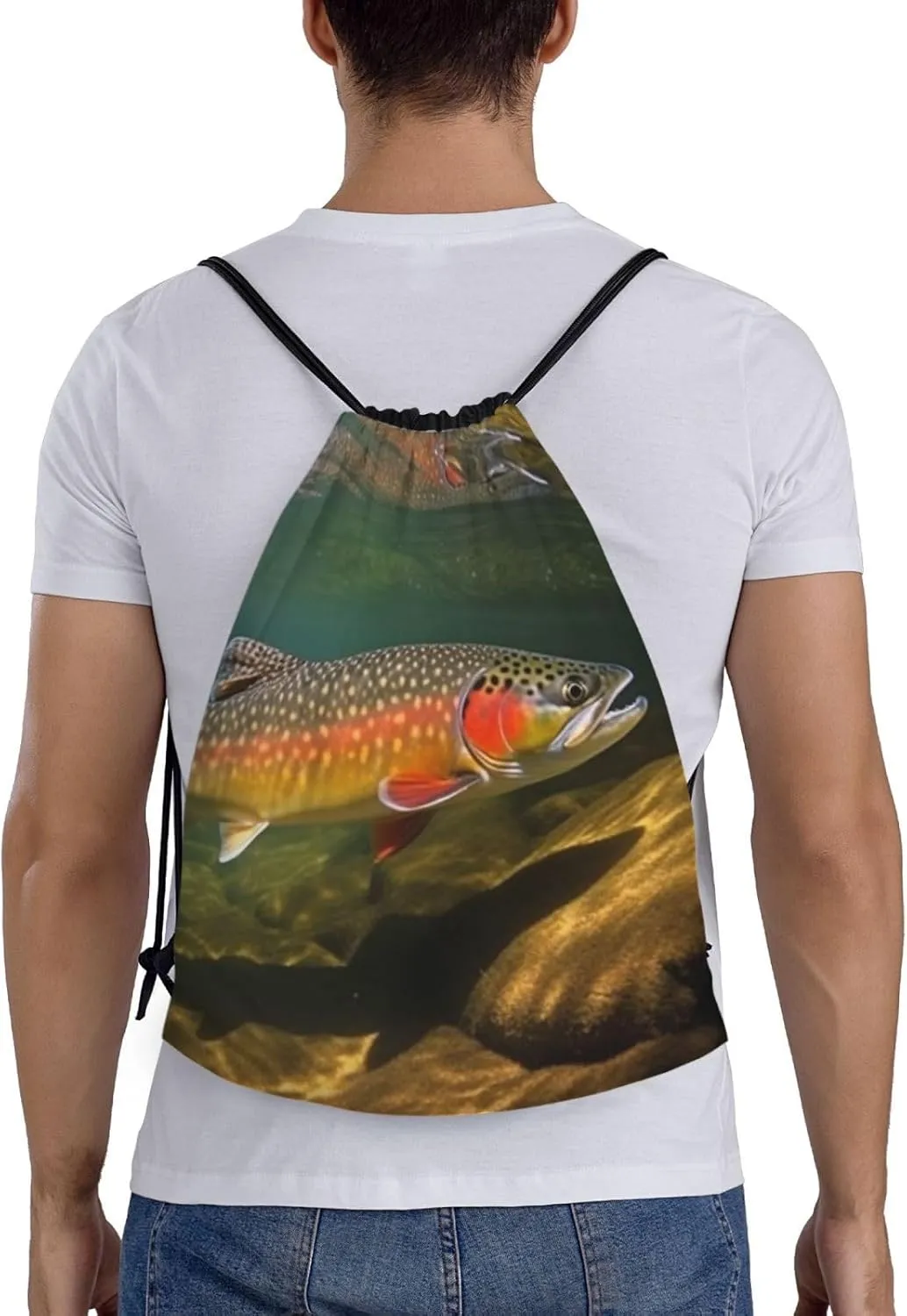 Brook Trout Fly Fishing Drawstring Backpack Lightweight Draw String Bag Cinch Bags Waterproof Gym Bag for Men Women Swim Bag Small