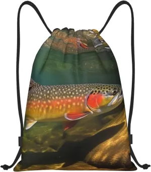 Brook Trout Fly Fishing Drawstring Backpack Lightweight Draw String Bag Cinch Bags Waterproof Gym Bag for Men Women Swim Bag Small