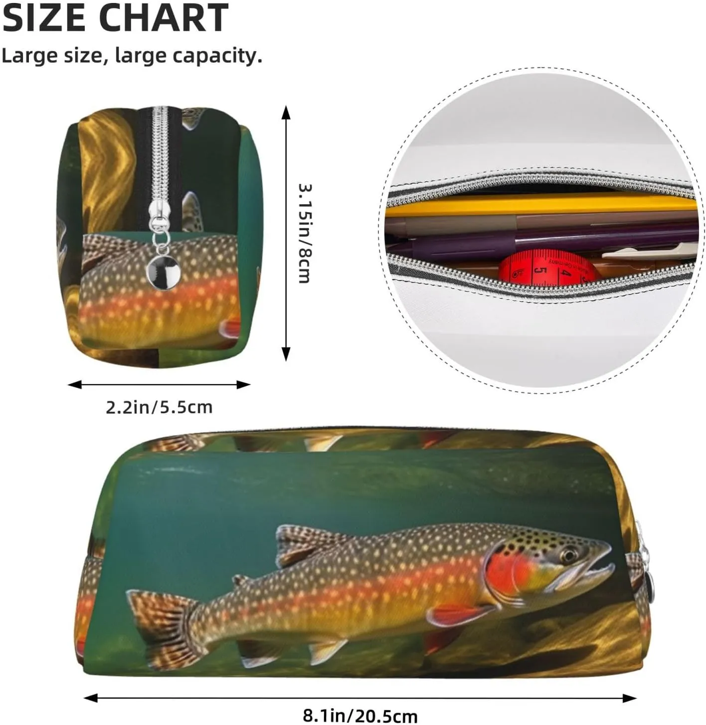 Brook Trout Fly Fishing Makeup Bag for Women Men Travel Toiletry Bag Aesthetic Purse Pouch Large Pencil Case