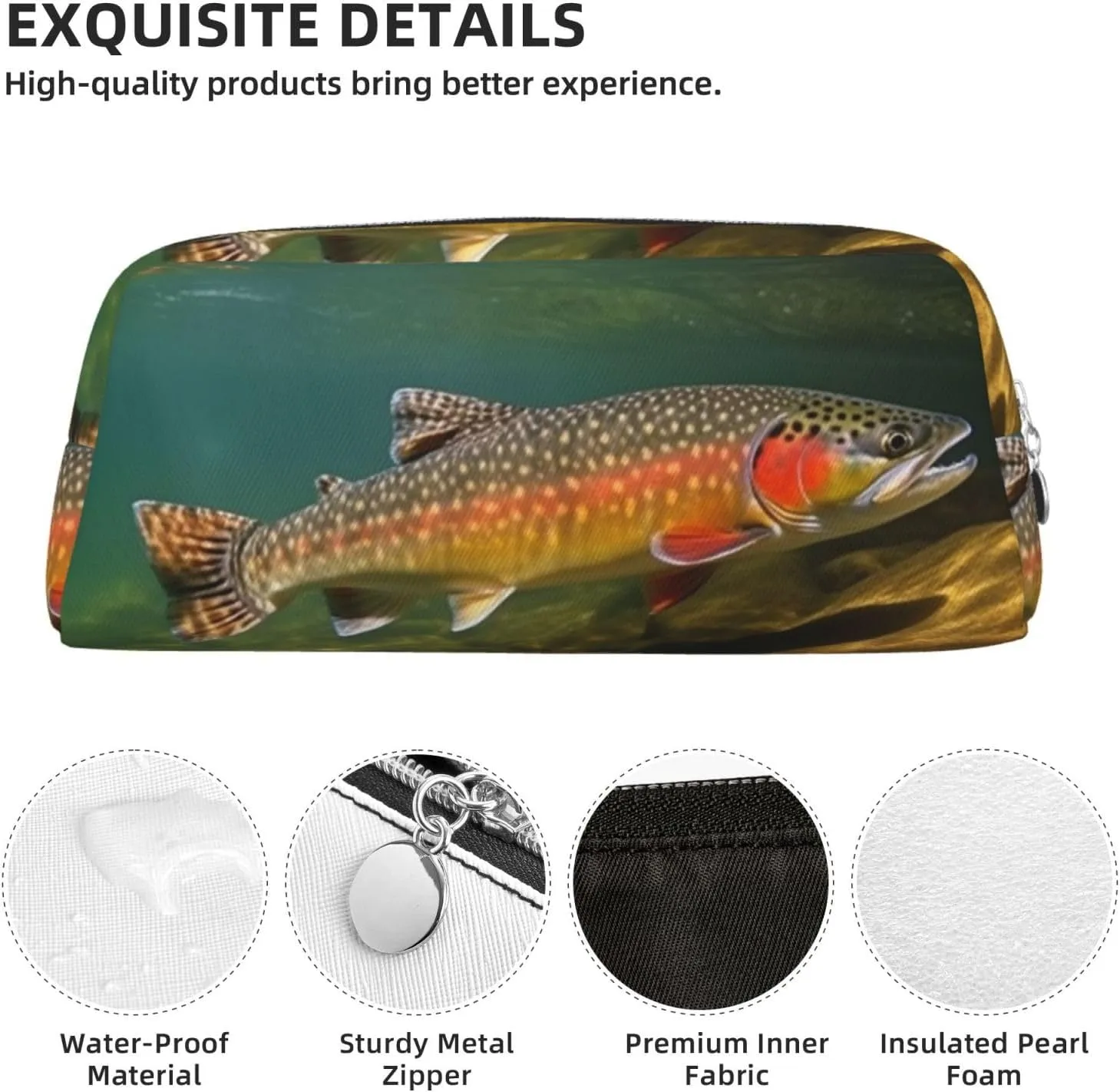 Brook Trout Fly Fishing Makeup Bag for Women Men Travel Toiletry Bag Aesthetic Purse Pouch Large Pencil Case