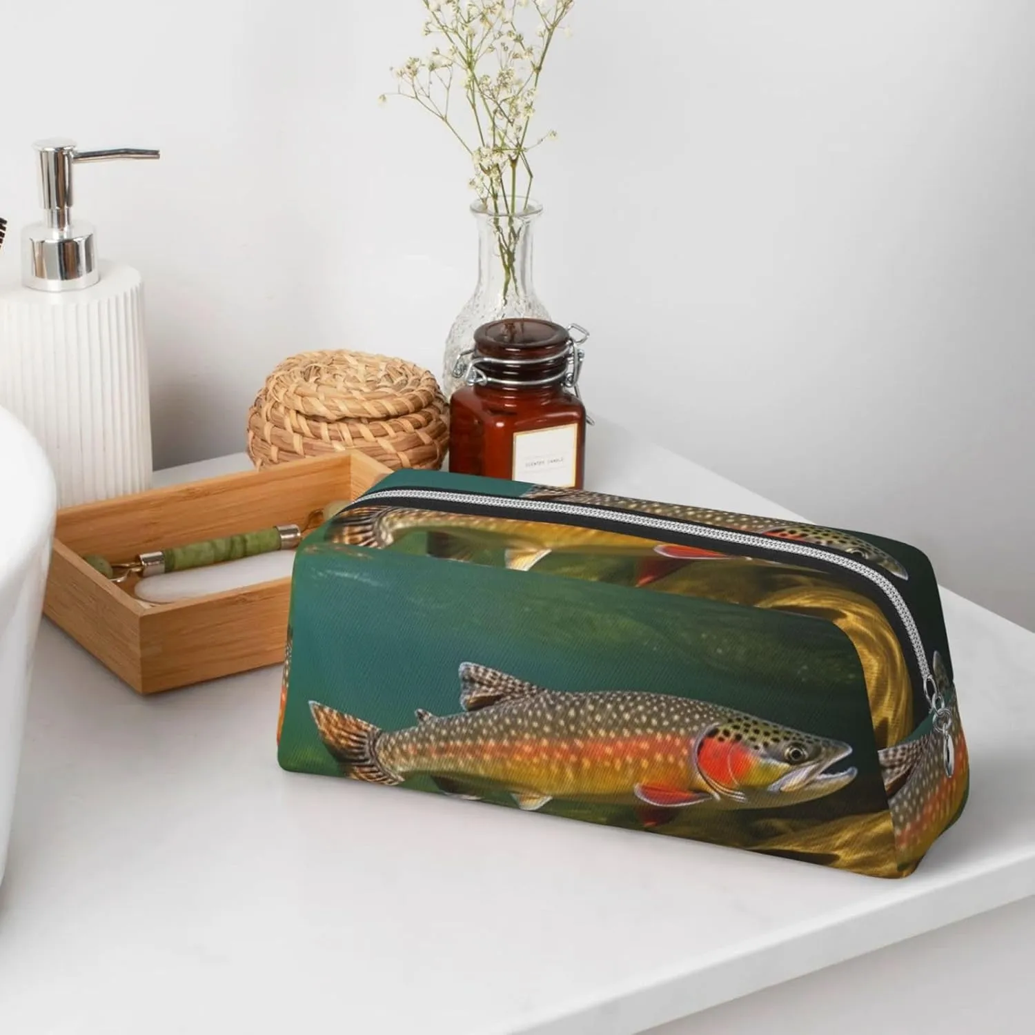 Brook Trout Fly Fishing Makeup Bag for Women Men Travel Toiletry Bag Aesthetic Purse Pouch Large Pencil Case