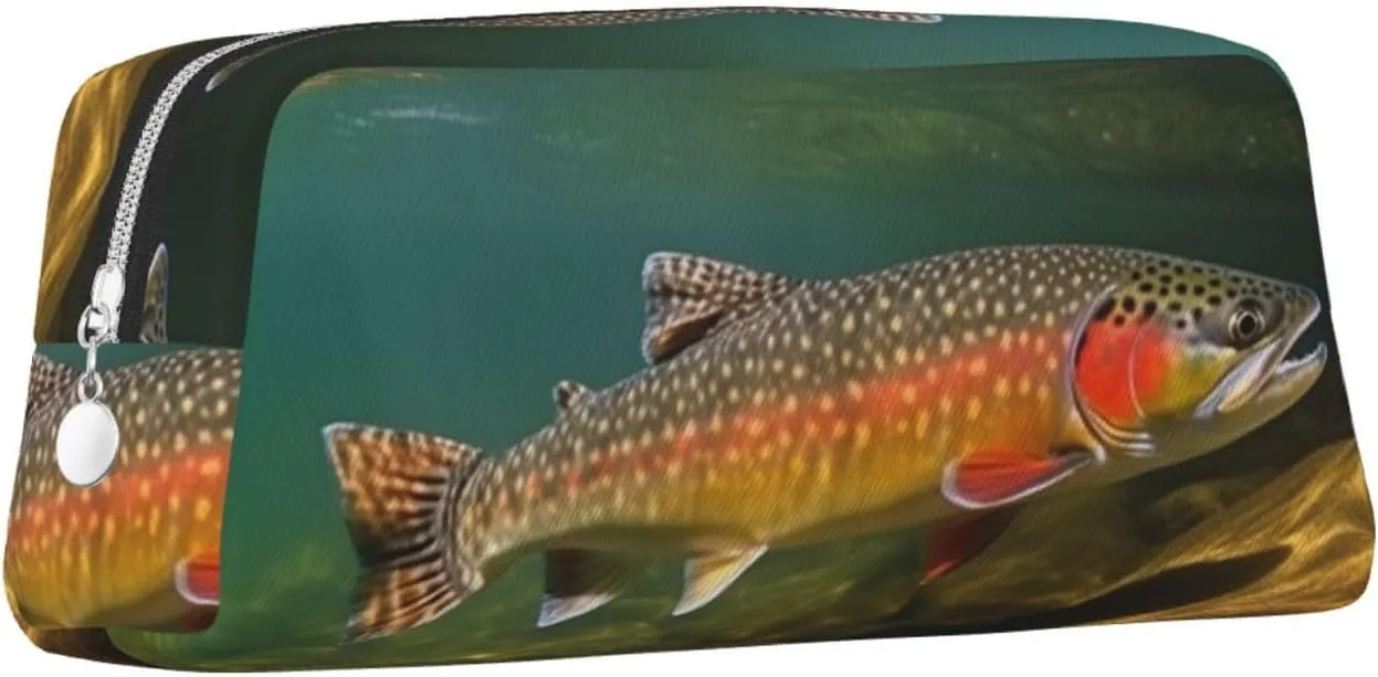 Brook Trout Fly Fishing Makeup Bag for Women Men Travel Toiletry Bag Aesthetic Purse Pouch Large Pencil Case