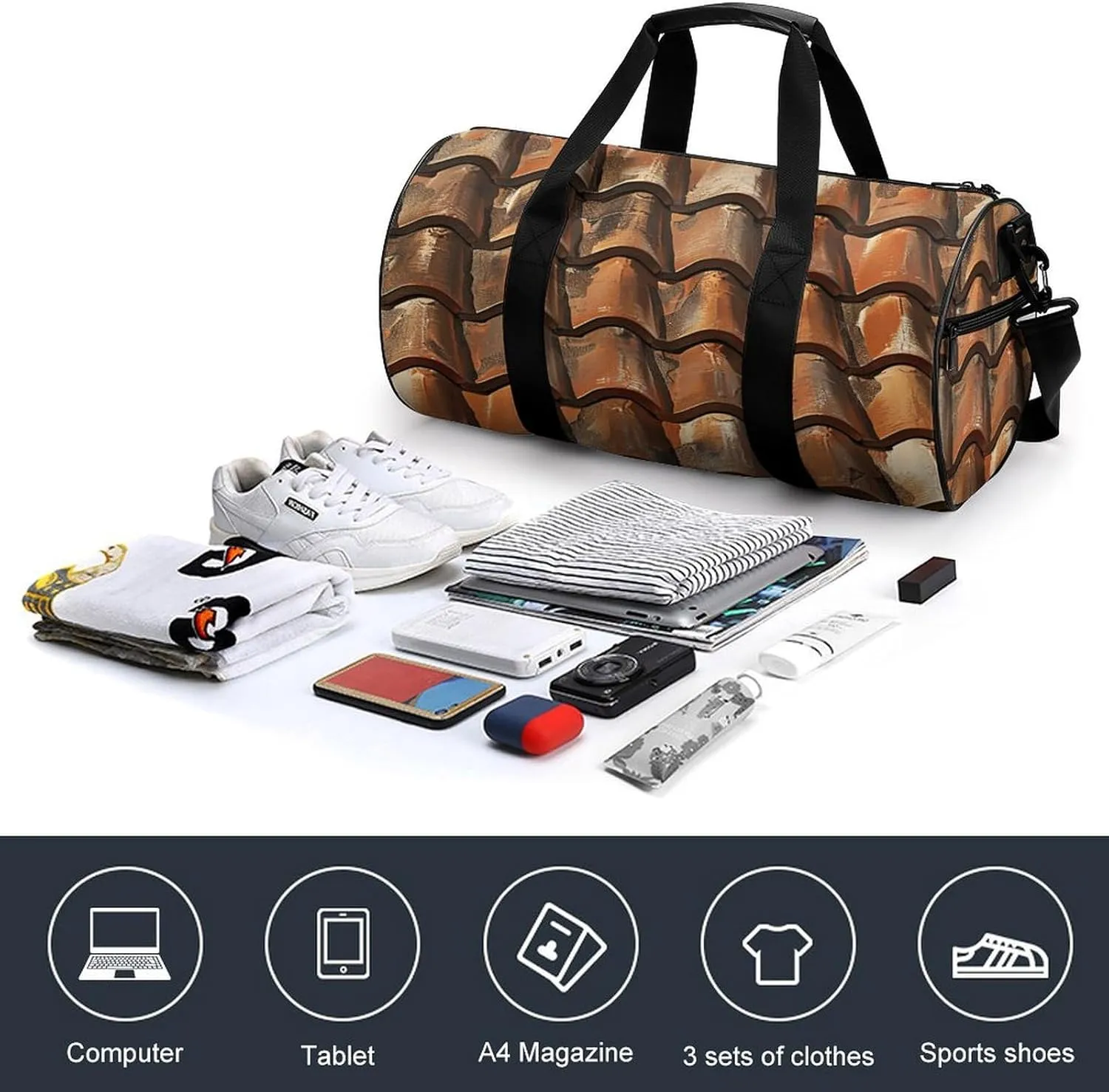 Brown Tile Roof Gym Bag Small Travel Duffle Bag with Compartment Carry On Weekender Bag for Women Men