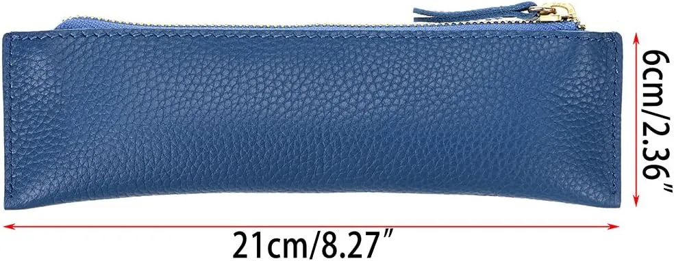 BTSKY Genuine Leather Pencil Case - Zippered Pen Case Stationery Bag Zipper Pouch Pencil Holder(Blue)