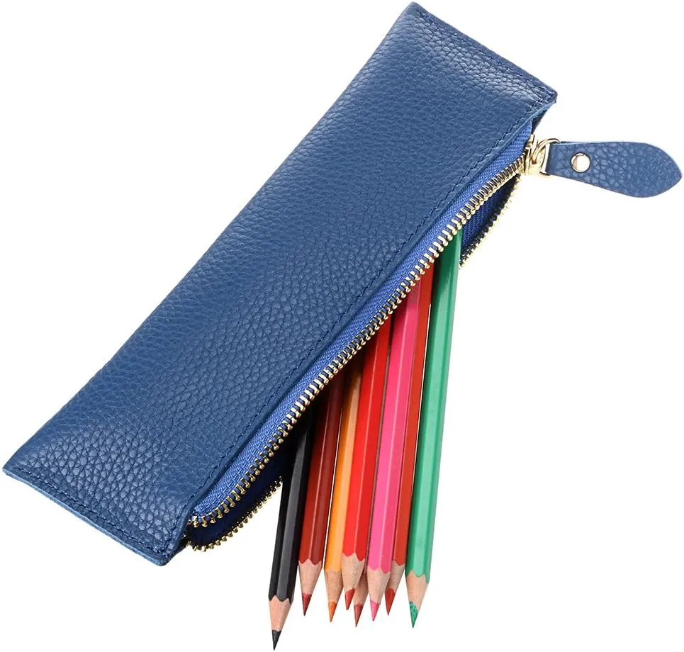 BTSKY Genuine Leather Pencil Case - Zippered Pen Case Stationery Bag Zipper Pouch Pencil Holder(Blue)
