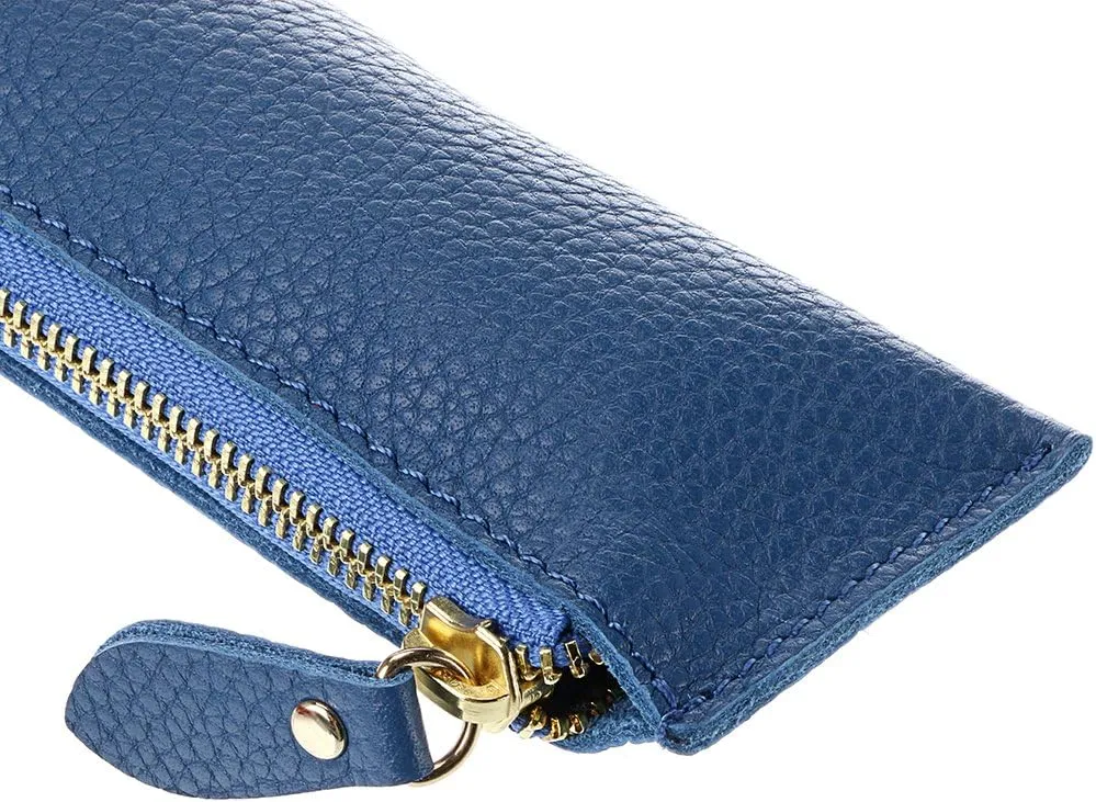 BTSKY Genuine Leather Pencil Case - Zippered Pen Case Stationery Bag Zipper Pouch Pencil Holder(Blue)
