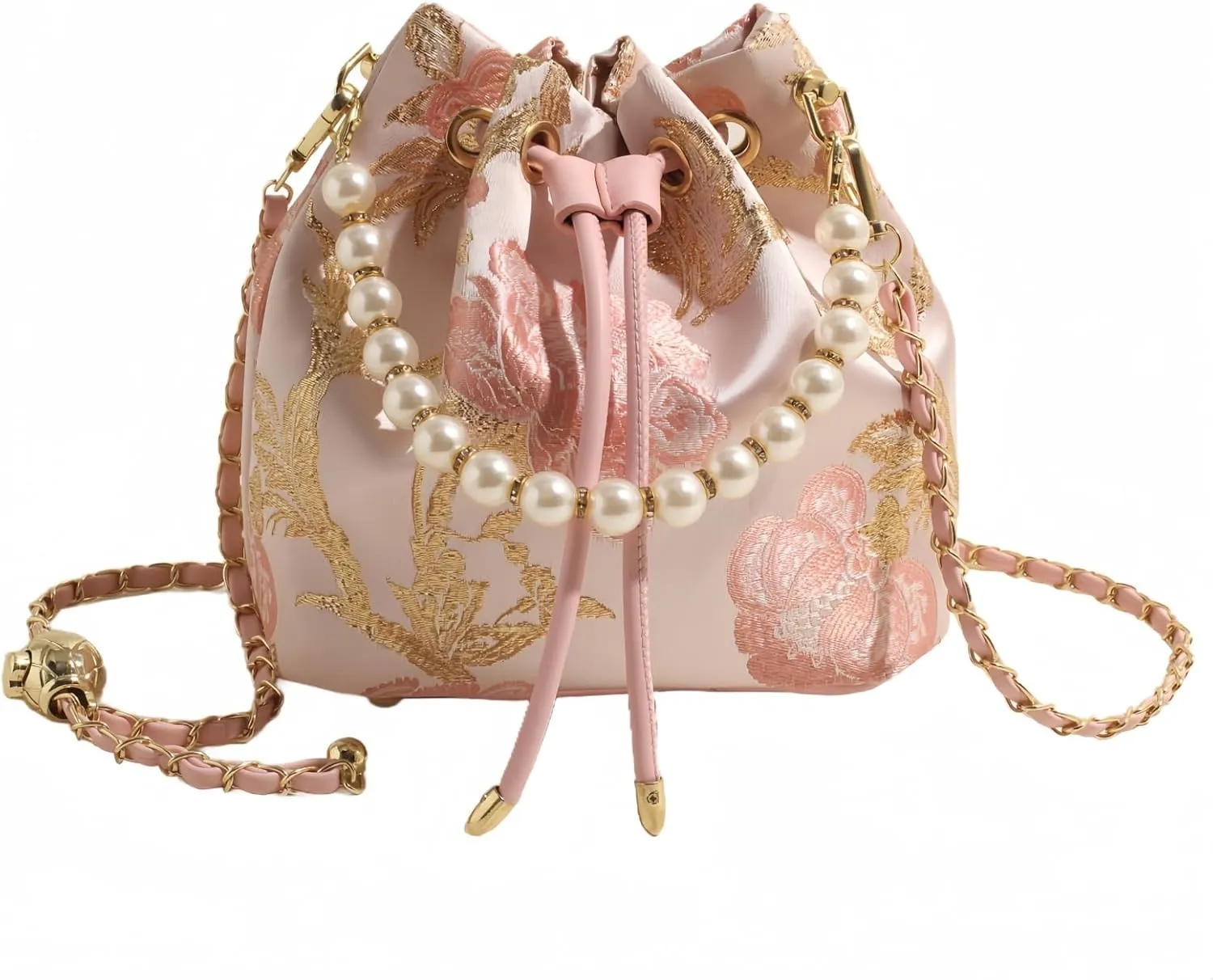 Bucket Bag for Women, Small Pearl Drawstring Handbags, Hobo Purse