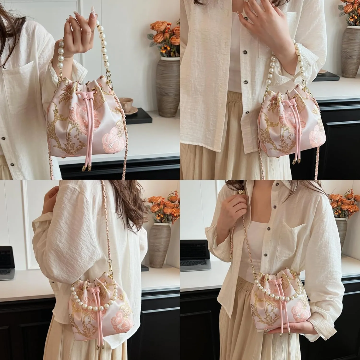 Bucket Bag for Women, Small Pearl Drawstring Handbags, Hobo Purse