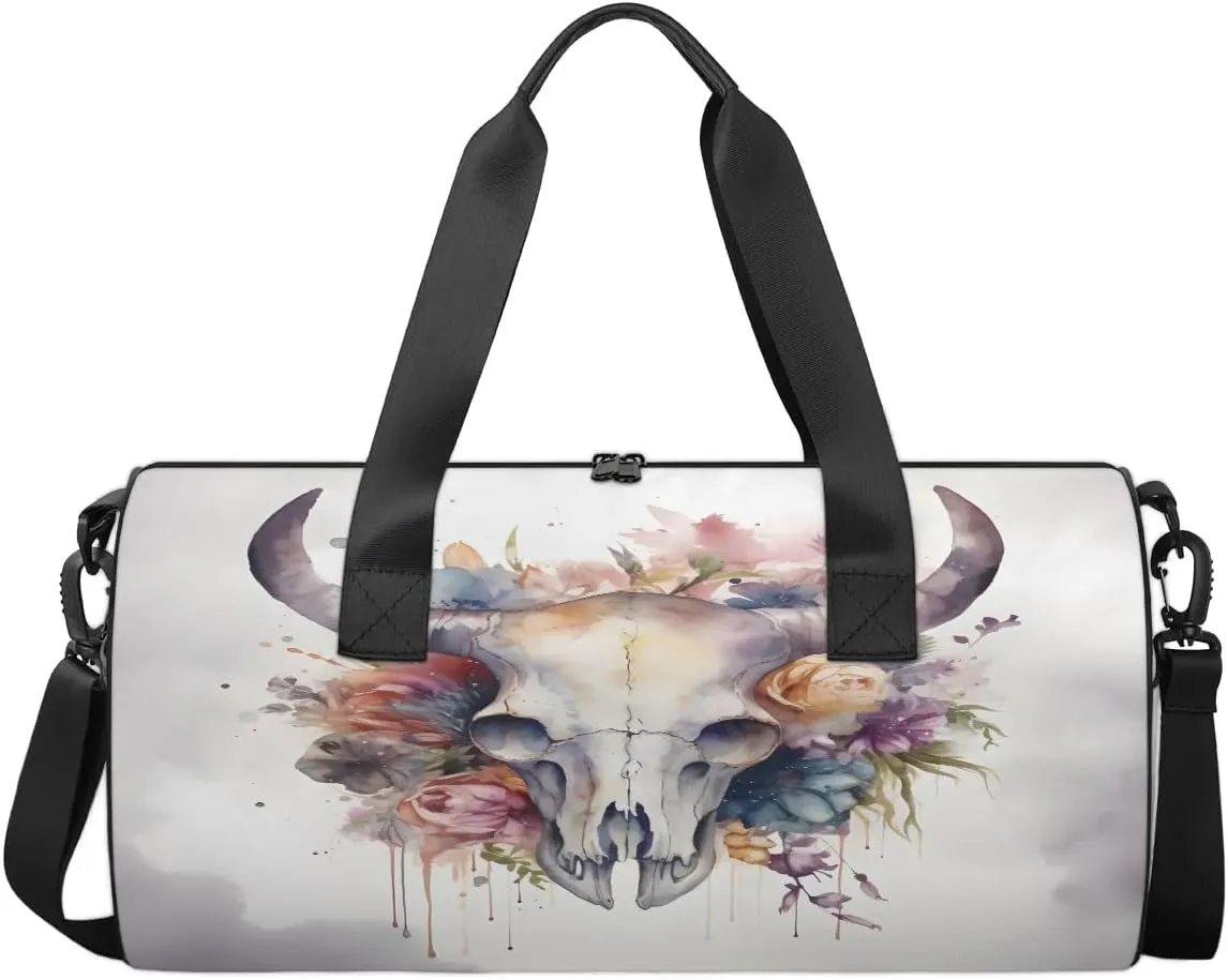 Bull Skull Flower Dance Bags Weekender Bags Sport Duffel Bag Carry on Overnight Bag for Men Women