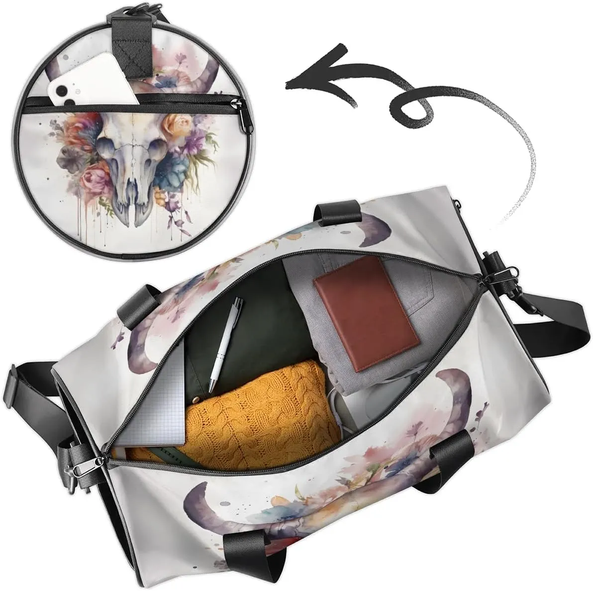 Bull Skull Flower Dance Bags Weekender Bags Sport Duffel Bag Carry on Overnight Bag for Men Women