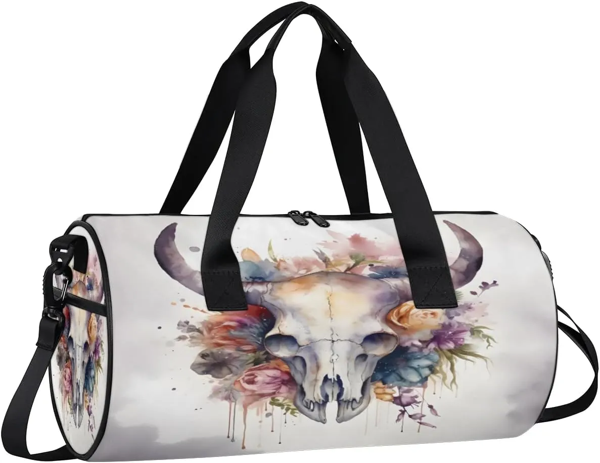 Bull Skull Flower Dance Bags Weekender Bags Sport Duffel Bag Carry on Overnight Bag for Men Women