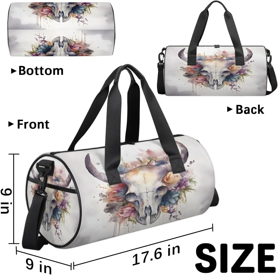 Bull Skull Flower Dance Bags Weekender Bags Sport Duffel Bag Carry on Overnight Bag for Men Women