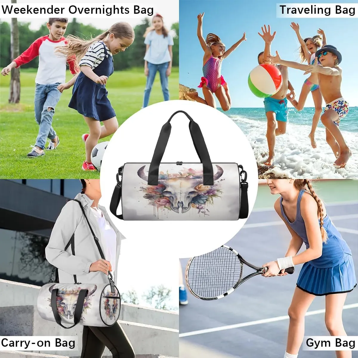 Bull Skull Flower Dance Bags Weekender Bags Sport Duffel Bag Carry on Overnight Bag for Men Women