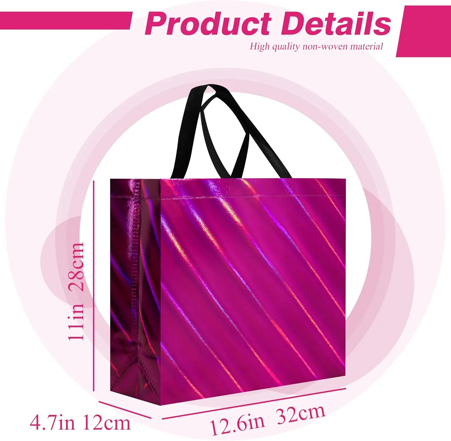cabzymx 16 Pcs Unique Dazzling Hot Pink Reusable Gift Bags with Handles & Bases, Shiny Non-woven Holiday Goodie Bags Bulk for Birthday, Wedding, Party- 12.6x4.7x11 In
