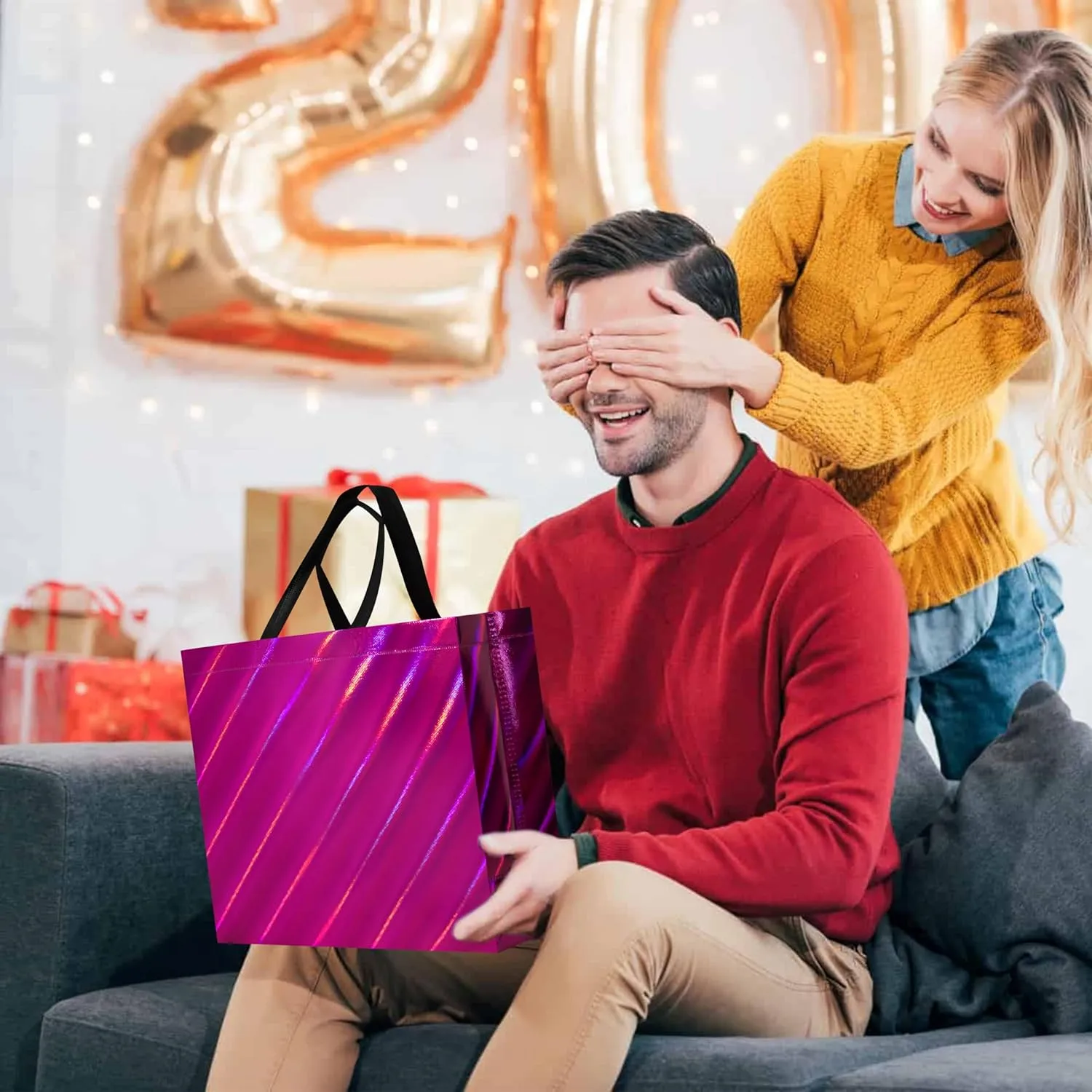 cabzymx 16 Pcs Unique Dazzling Hot Pink Reusable Gift Bags with Handles & Bases, Shiny Non-woven Holiday Goodie Bags Bulk for Birthday, Wedding, Party- 12.6x4.7x11 In