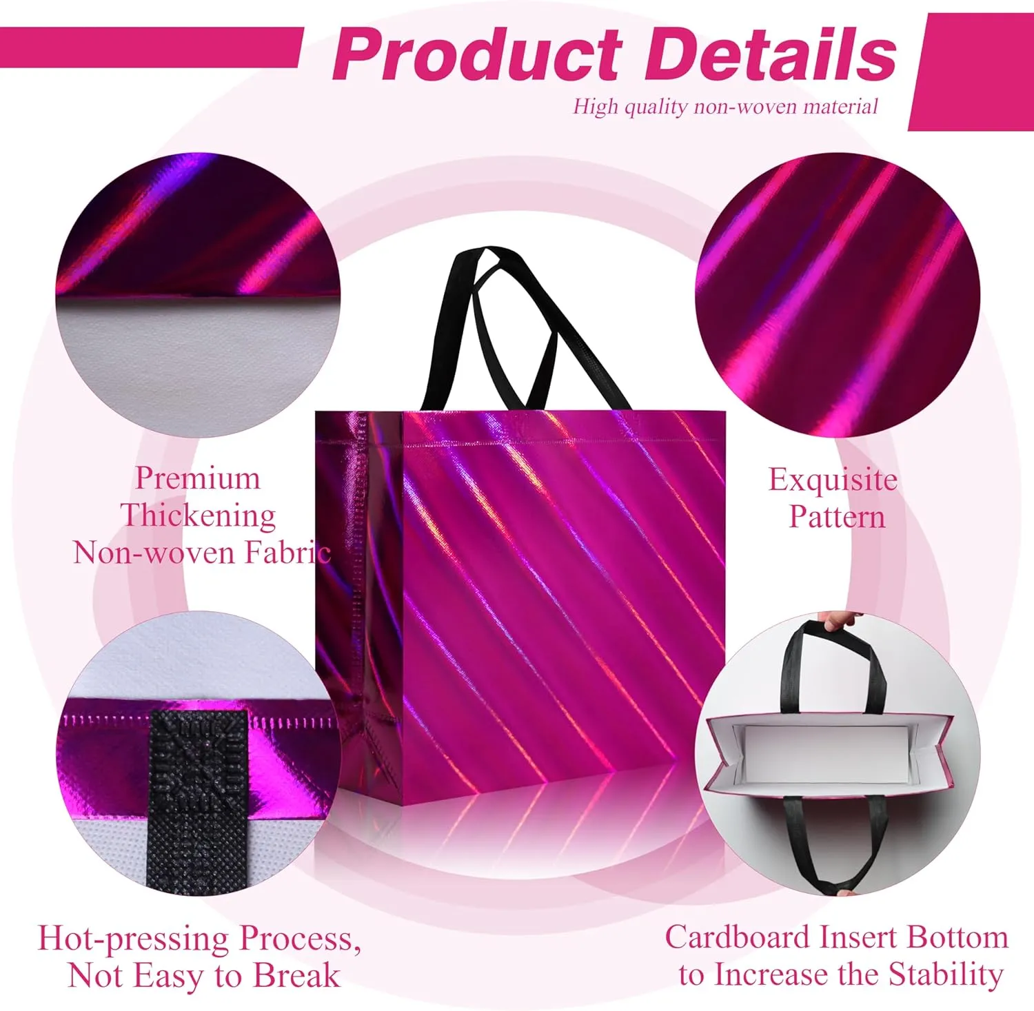 cabzymx 16 Pcs Unique Dazzling Hot Pink Reusable Gift Bags with Handles & Bases, Shiny Non-woven Holiday Goodie Bags Bulk for Birthday, Wedding, Party- 12.6x4.7x11 In