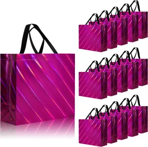 cabzymx 16 Pcs Unique Dazzling Hot Pink Reusable Gift Bags with Handles & Bases, Shiny Non-woven Holiday Goodie Bags Bulk for Birthday, Wedding, Party- 12.6x4.7x11 In