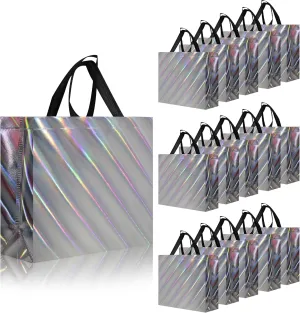cabzymx 16 Pcs Unique Dazzling Silver Reusable Gift Bags with Handles & Bases, Shiny Non-woven Holiday Goodie Bags Bulk for Birthday, Wedding, Party- 12.6x4.7x11 In